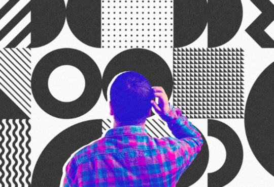 Photo illustration of man scratching head with abstract background