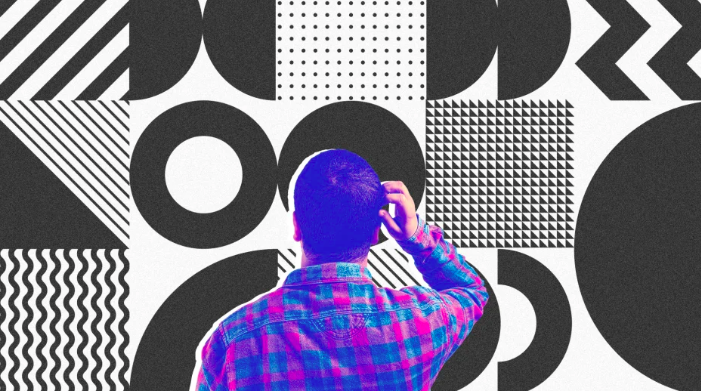 Photo illustration of man scratching head with abstract background