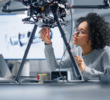 Woman working on drone in computer lab