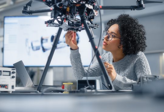 Woman working on drone in computer lab