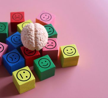 Human brain with blocks showing happy, neutral and sad icon.