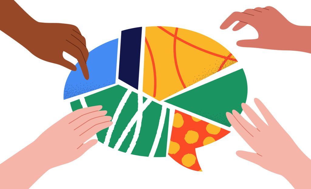 Illustration of hands coming together around pieces of chat bubble 