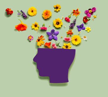 Illustration of purple head with wildflowers coming out of it