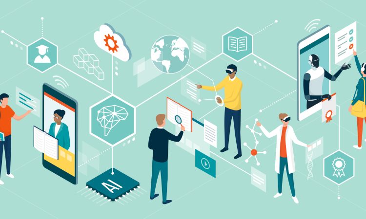 Illustration of people interacting with various technologies, such as VR and online courses