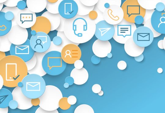 Bubbles with icons including speech bubbles, mail, person, headset