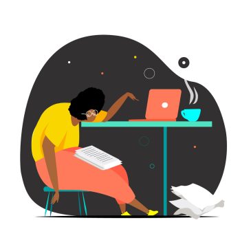 illustration of woman sitting slumped over a table with a laptop on it.