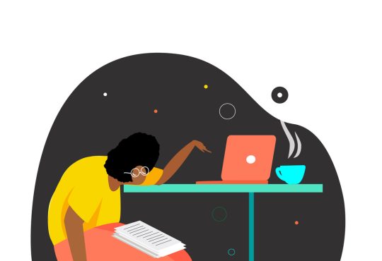illustration of woman sitting slumped over a table with a laptop on it.