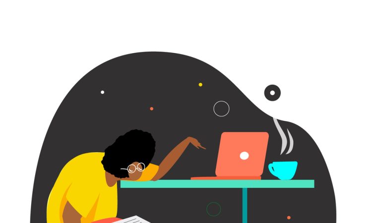 illustration of woman sitting slumped over a table with a laptop on it.