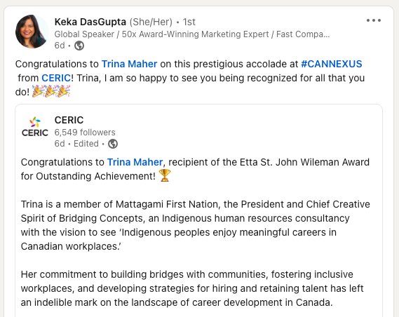 LinkedIn post: Congratulations to Trina Maher on this prestigious accolade at hashtag#CANNEXUS from CERIC! Trina, I am so happy to see you being recognized for all that you do! 🎉🎉🎉