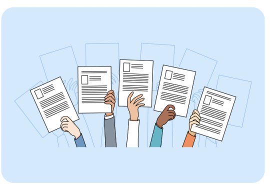 The image shows an illustration of diverse hands holding up resumes or documents, symbolizing job applications or resume submissions, against a light blue background. Each hand is holding a distinct document, suggesting a variety of applicants.