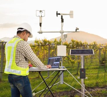 Agronomist using tablet computer to collect data with meteorological instrument in grape field