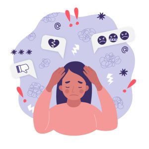 Illustration of stressed woman with exclamation marks, thumbs down and broken heart emojis above head