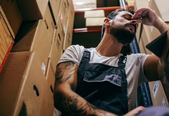 Stressed man at work, crouching down between boxes in back room
