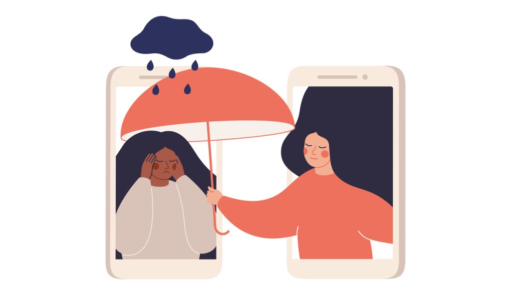 Illustration of woman holding umbrella over other woman through phone