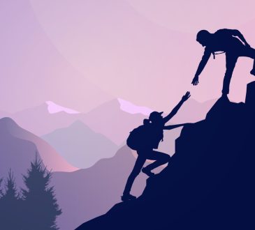 Illustration showing two silhouetted people climbing mountain, with one reaching down to help the other