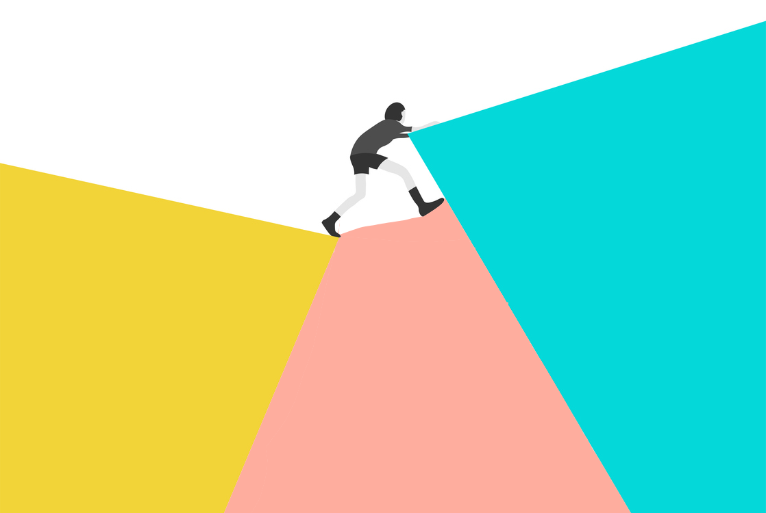 Illustration of person climbing colourful abstract shapes