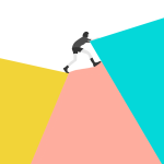 Illustration of person climbing colourful abstract shapes