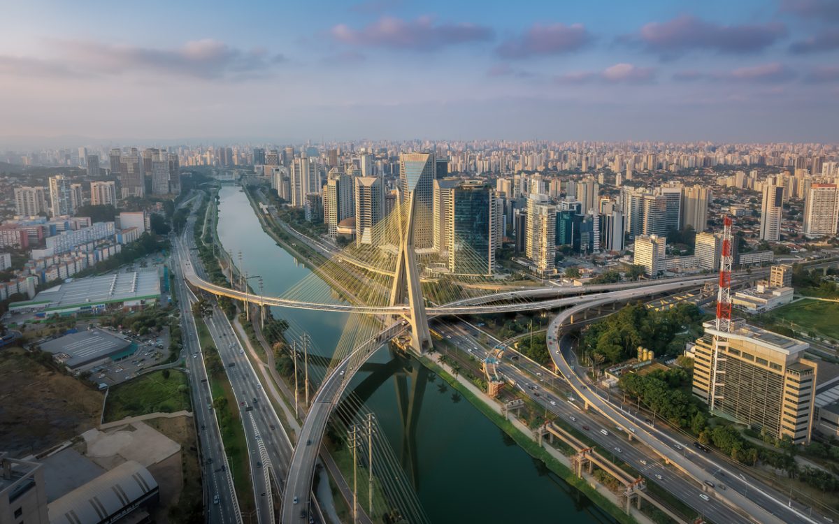Aerial view of Octavio Frias de Oliveira Bridge in Sao Paulo, Brazil