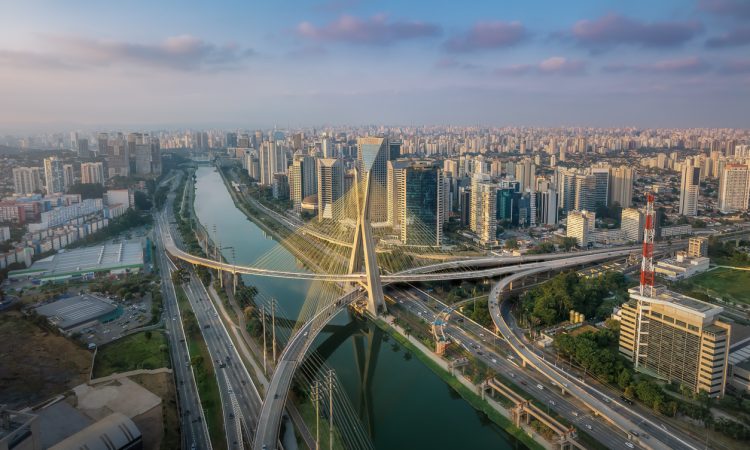 Aerial view of Octavio Frias de Oliveira Bridge in Sao Paulo, Brazil