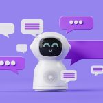 Cute smiling white artificial intelligence bot standing over purple background with speech bubbles.