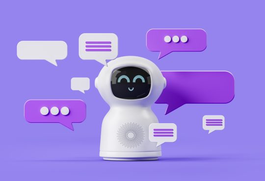 Cute smiling white artificial intelligence bot standing over purple background with speech bubbles.