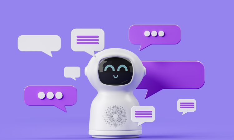 Cute smiling white artificial intelligence bot standing over purple background with speech bubbles.