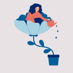 Illustration of woman sitting in flower watering pot below