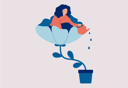 Illustration of woman sitting in flower watering pot below