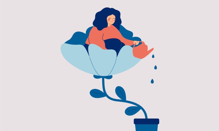 Illustration of woman sitting in flower watering pot below