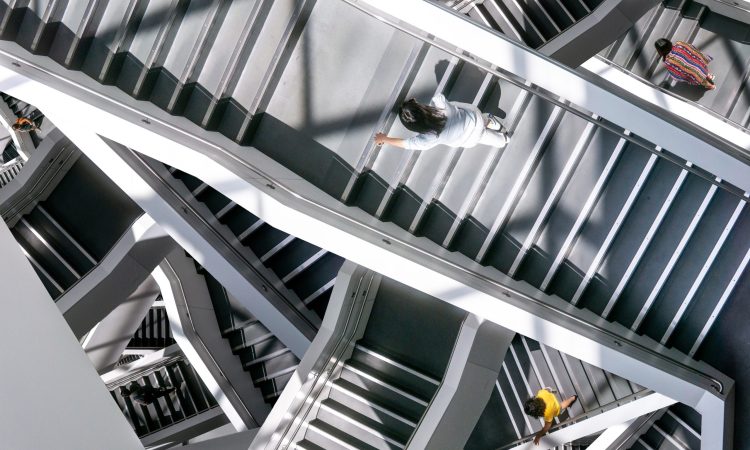 Intersecting staircases seen in overheadview