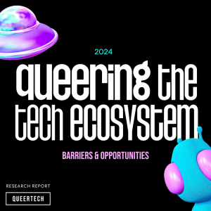 Image representing report cover - Queering the Tech Ecosystem. A blue UFO is peeking from the bottom right corner and a purple spaceship is in the top left corner.