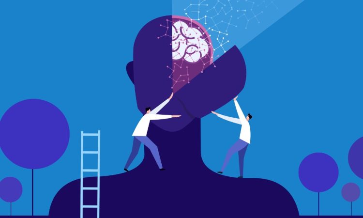 Illustration of two people in white coats opening brain to expose neural networks