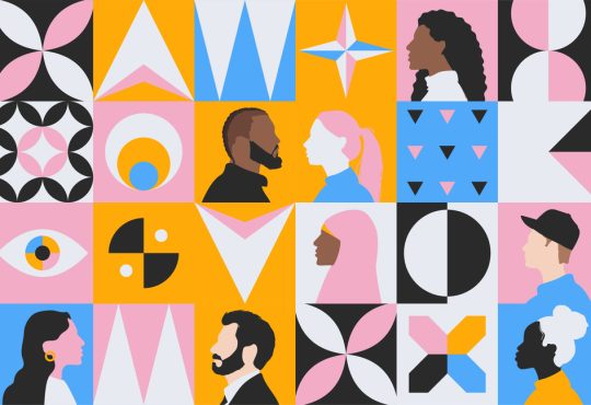 Colourful, abstract illustration of people from different cultures and age surrounded by geometric shapes