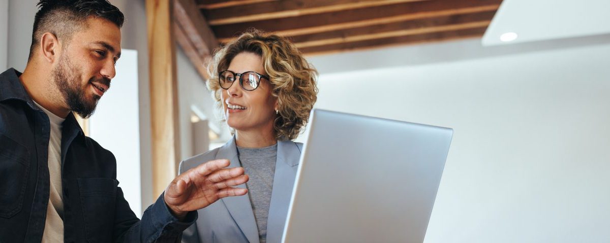 Two colleagues using laptop in meeting