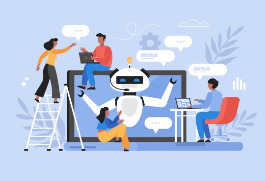 Illustration of people using AI technology and talking to chatbot on website