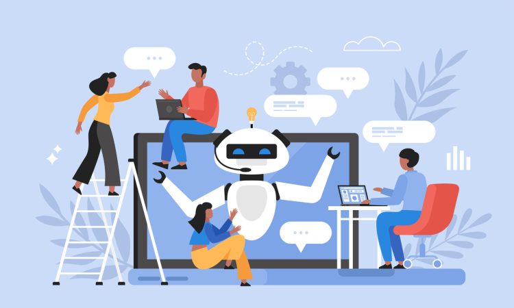Illustration of people using AI technology and talking to chatbot on website