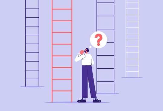 cartoon figure standing in front of ladders with a question mark over their head.