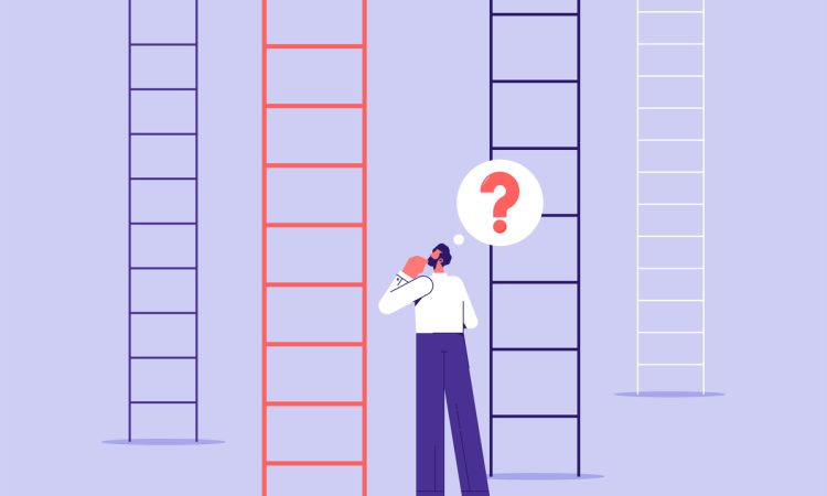 cartoon figure standing in front of ladders with a question mark over their head.