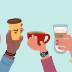 Diverse hands holding up cups of coffee