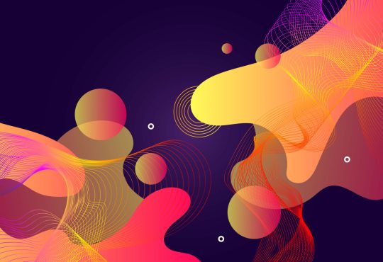 Abstract yellow and red shapes on a purple background