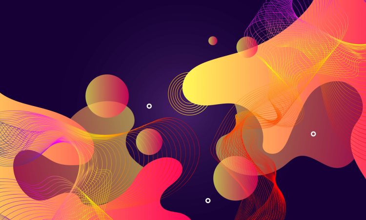 Abstract yellow and red shapes on a purple background