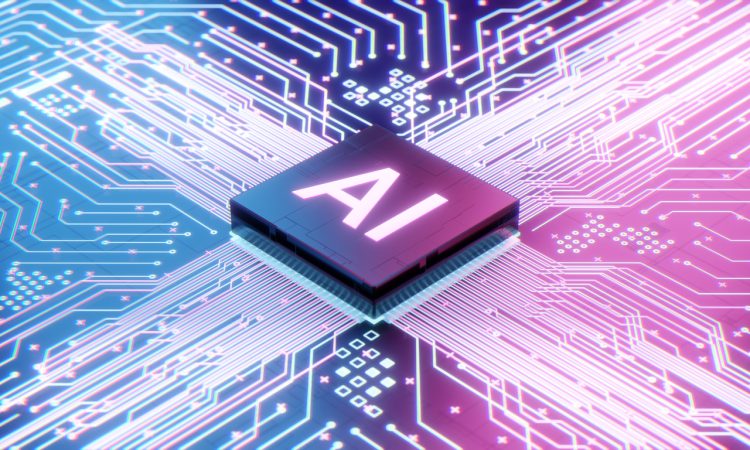 Illustration of a microchip with AI written on it.