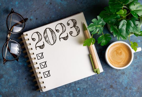 Overhead view of a tabletop with an open notepad with 2023 written and checkboxes underneath it. The table also has a plant, cup of coffee and glasses on it.