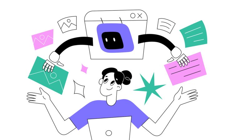 A stylized illustration of a person multitasking at a laptop, with a web browser window above them, using robotic arms to handle images, papers, and documents, representing efficiency in a digital workspace.