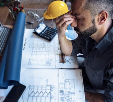 Photo of a stressed out construction worker with his eyes closed and hand to his face sitting over a desk with blue prints.