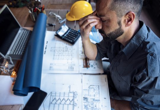 Photo of a stressed out construction worker with his eyes closed and hand to his face sitting over a desk with blue prints.