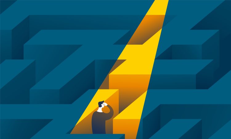 The image illustrates a person standing inside a maze, looking confused or lost, while a bright yellow path illuminates part of the maze.