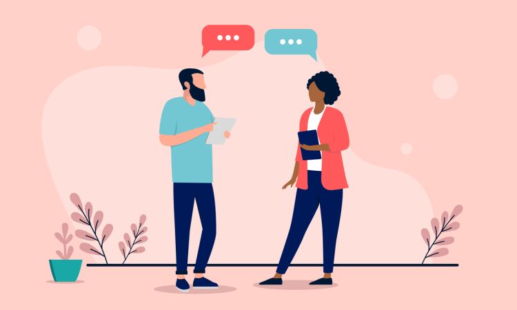 Illustration of a man and woman facing each other with clipboards in their hands and speech bubbles on top of their heads.