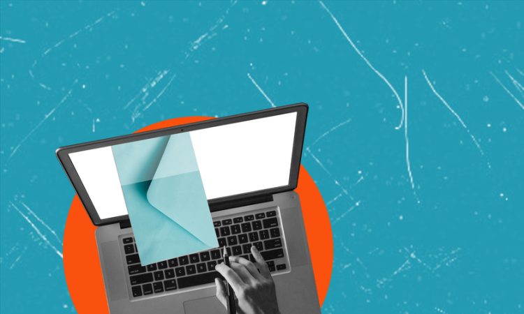 A laptop with a hand reaching to flip an open page on the screen, set against a blue background with an orange circle behind the laptop.