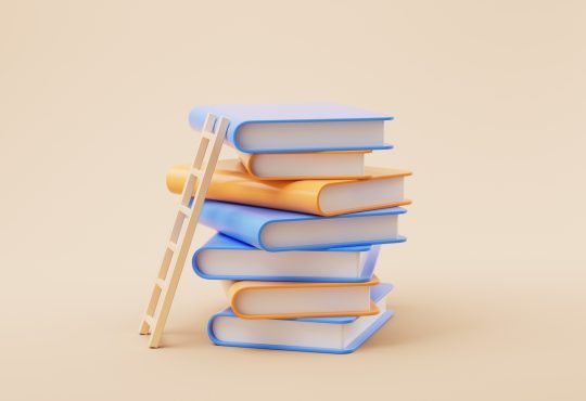 Stack of books with a ladder propped up against them.